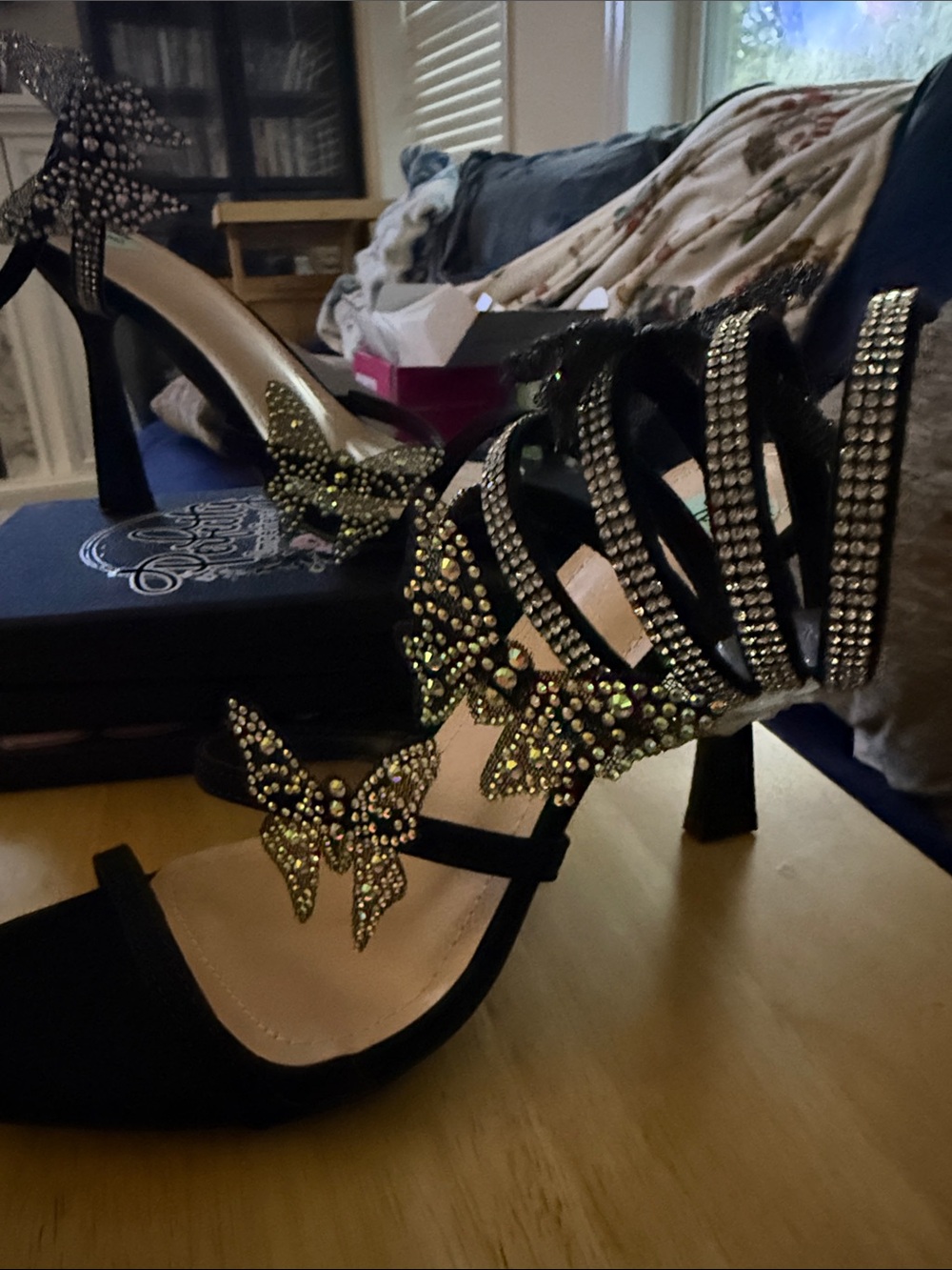 Crystal Butterfly Black Strappy High Heel Sandals
